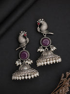 Peacock Purple Stone Silver-Finish Jhumka