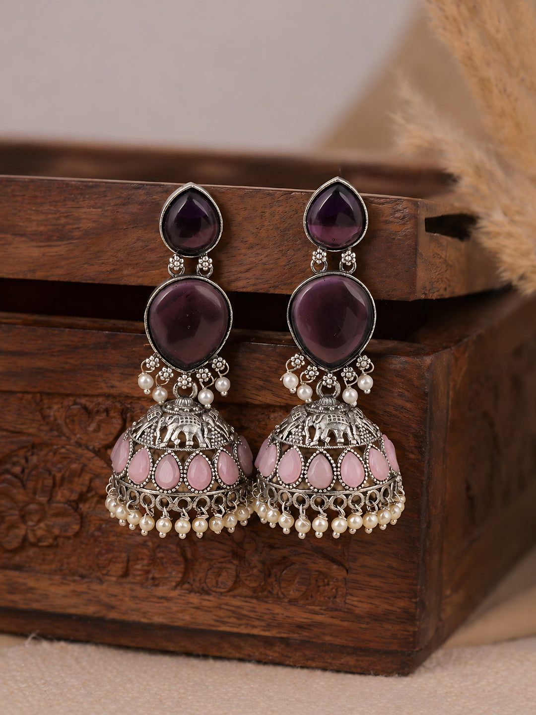 Purple Pink Stone Silver Finish Jhumka Earrings