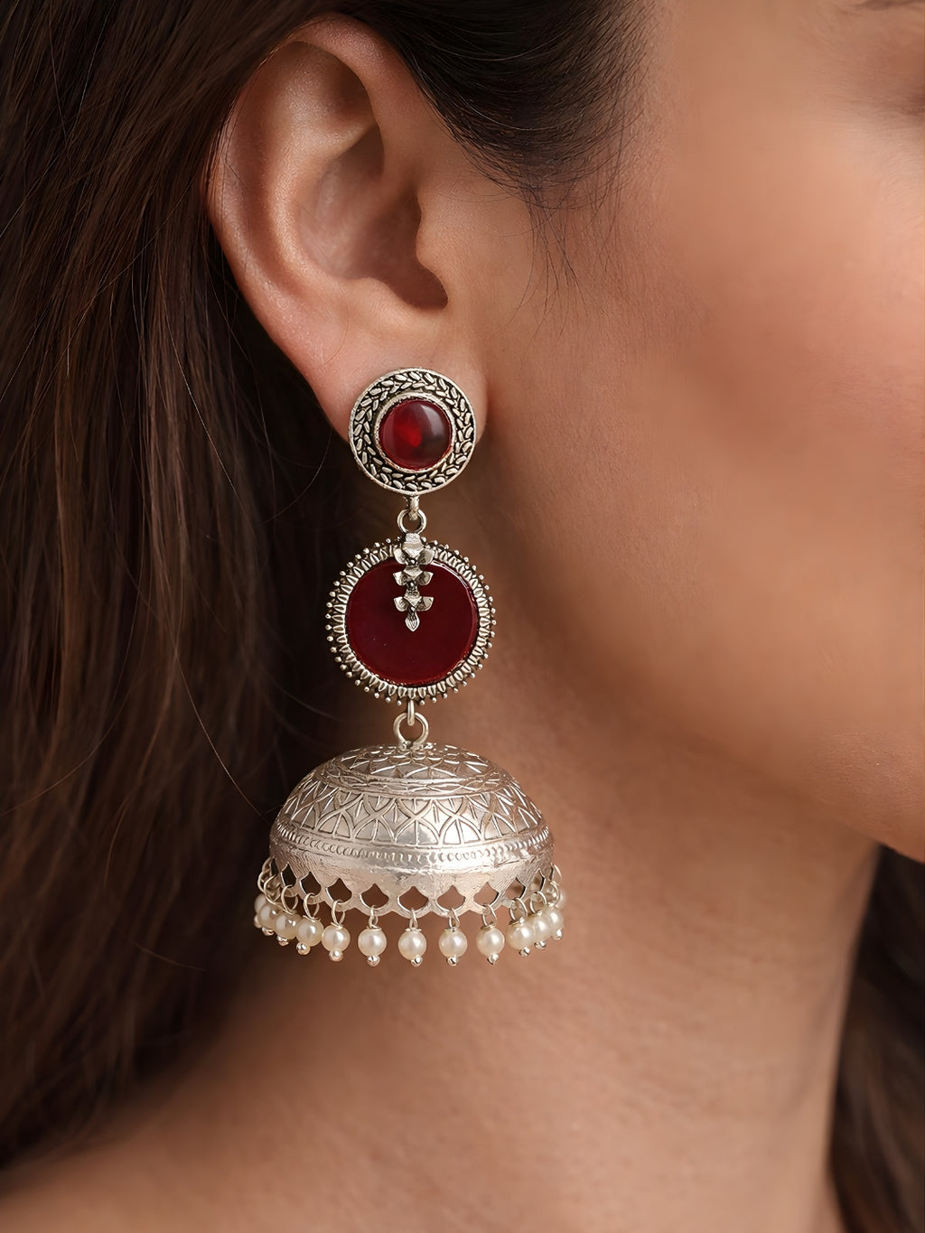 Silver Finish Ruby Red Leaf Disc Jhumki Earrings