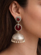 Silver Finish Ruby Red Leaf Disc Jhumki Earrings