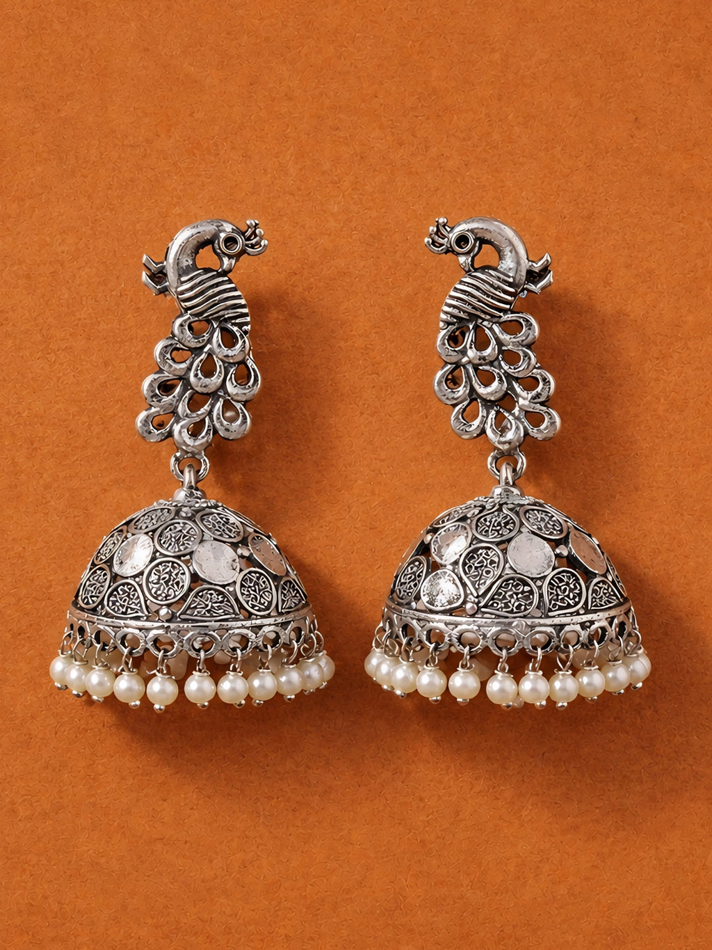 Peacock Pearl Silver tone Jhumka Earrings