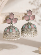 Pink & Turquoise Jhumka Earrings — Silver Finish with Pearl Drops