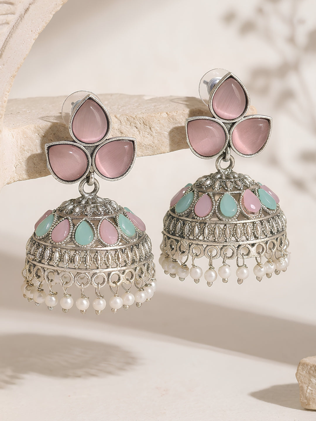 Pink & Turquoise Jhumka Earrings — Silver Finish with Pearl Drops