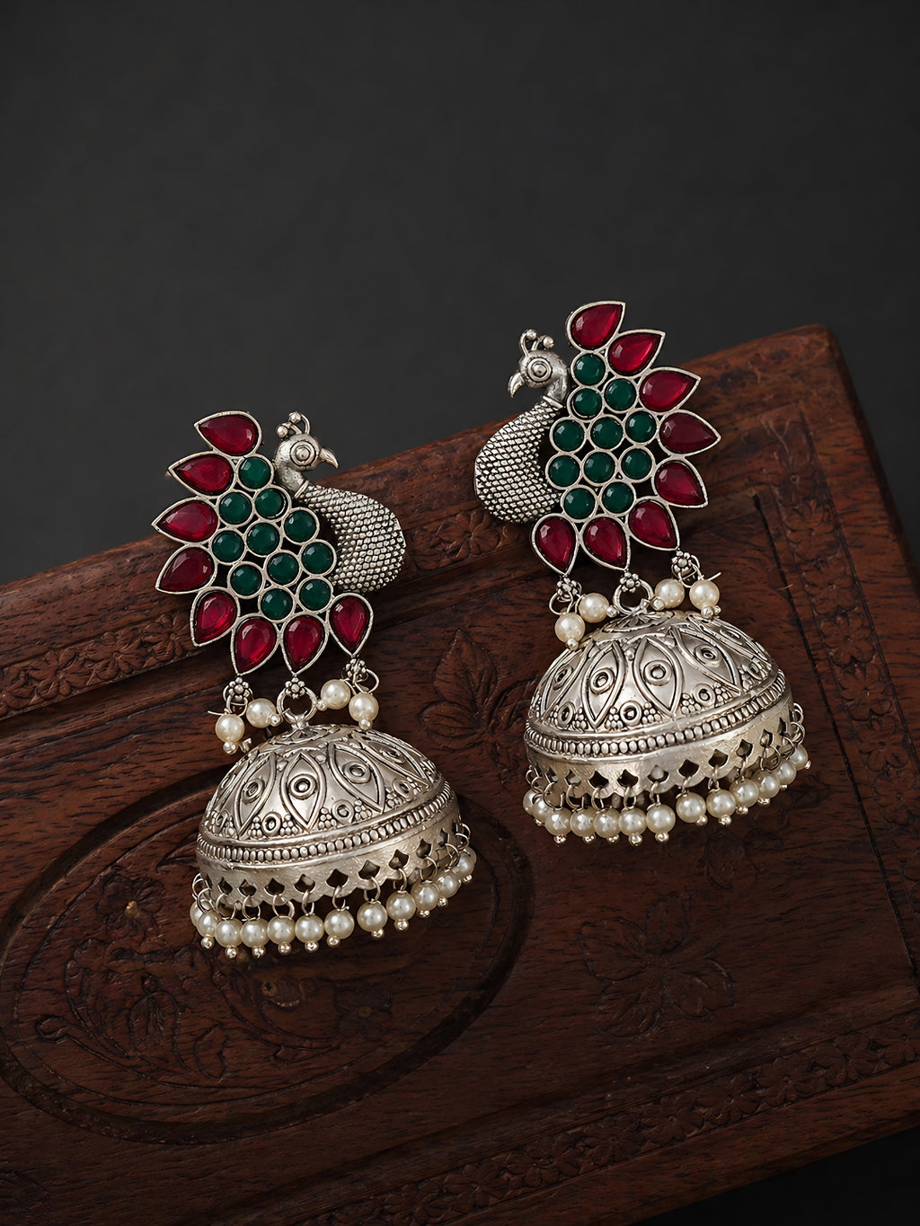Silver Finish Peacock Jhumka Earrings