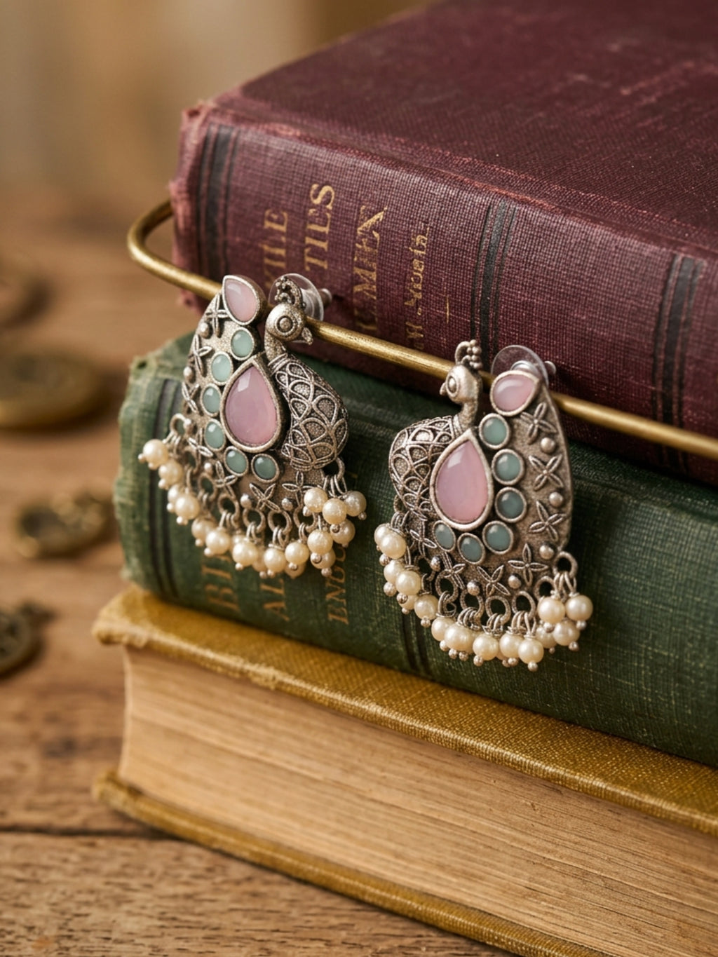 Pink Peacock Pearl Drop Stud Earrings — Silver Finish