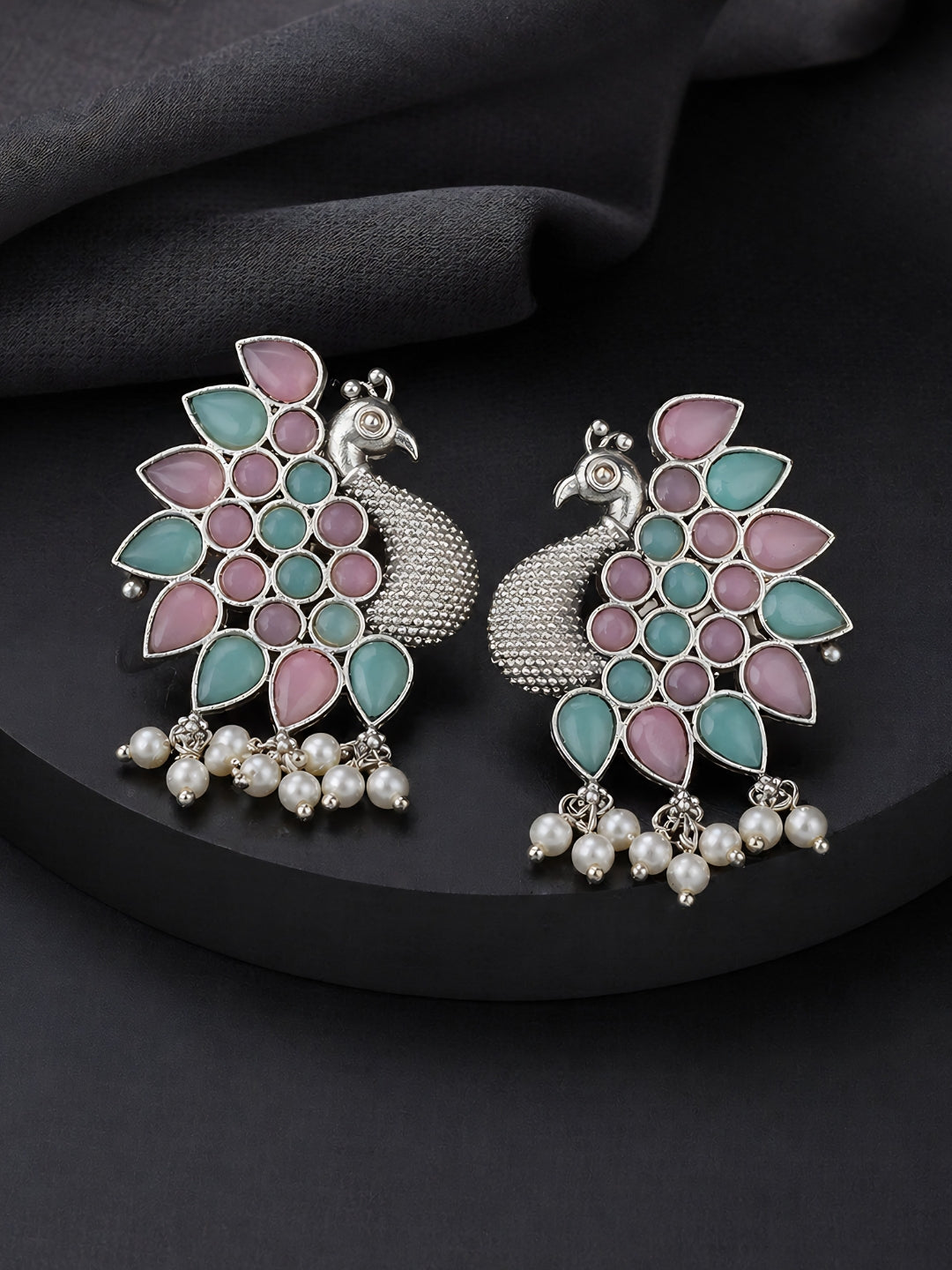 Peacock Pink Turquoise Silver Tone Studs