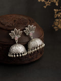 Pink Stone Lotus Silver finish Jhumki Earrings