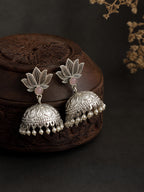 Pink Stone Lotus Silver finish Jhumki Earrings