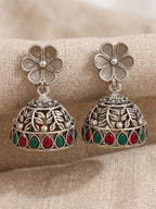 Floral Red & Green Stone Jhumka Earrings — Silver Tone