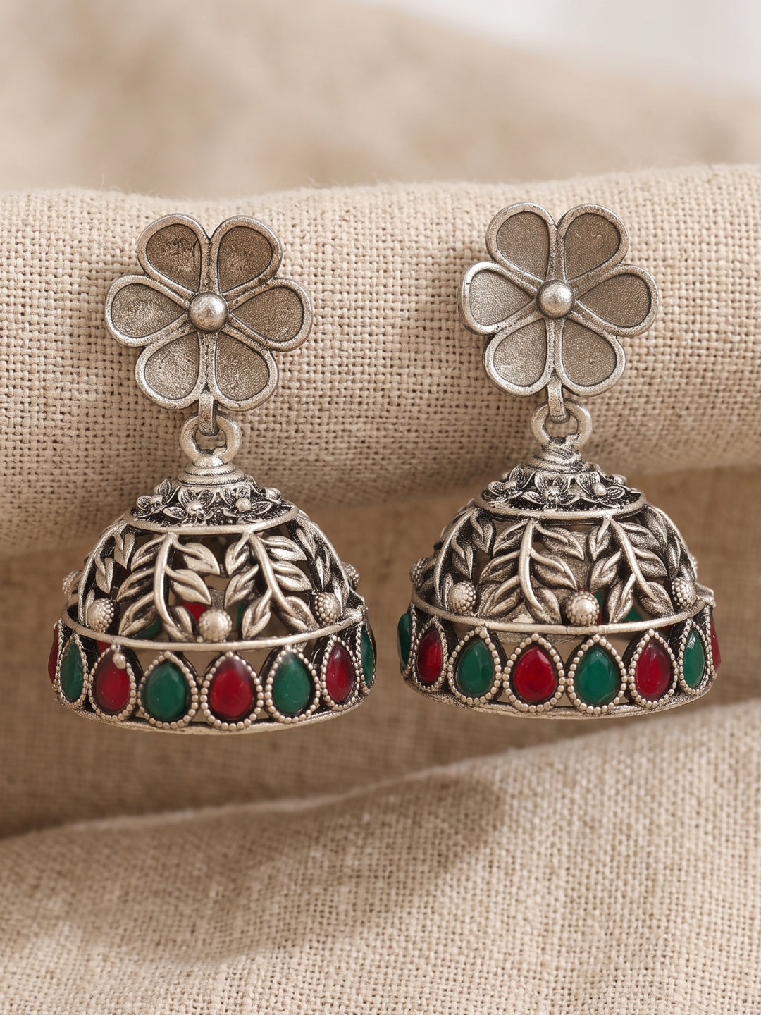 Floral Red & Green Stone Jhumka Earrings — Silver Tone