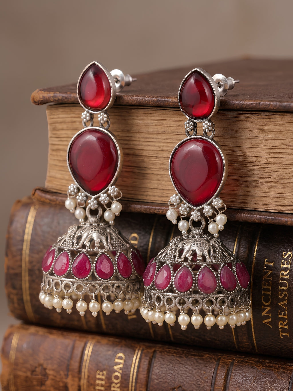 Red Stone Jhumki Earrings — Silver Tone