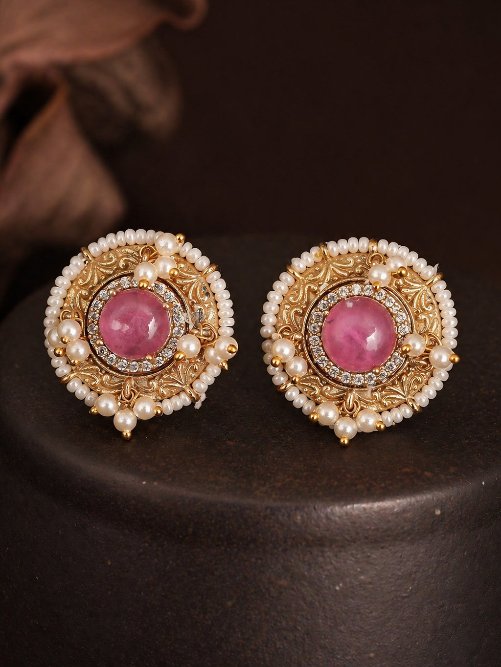 Gulika Pink Stone Pearl Stud Earrings