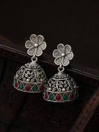 Silver Tone Floral Red Green Jhumka Earrings