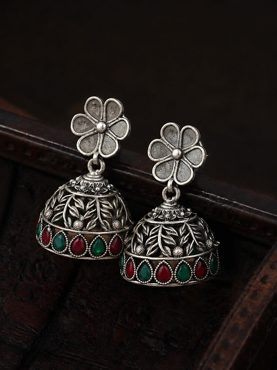 Silver Tone Floral Red Green Jhumka Earrings