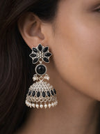 Silver Tone finish Black Floral Pearl Jhumki Earrings