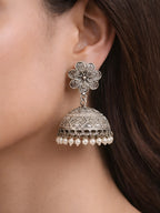 Silver finish Floral Pearl Jhumki Earrings