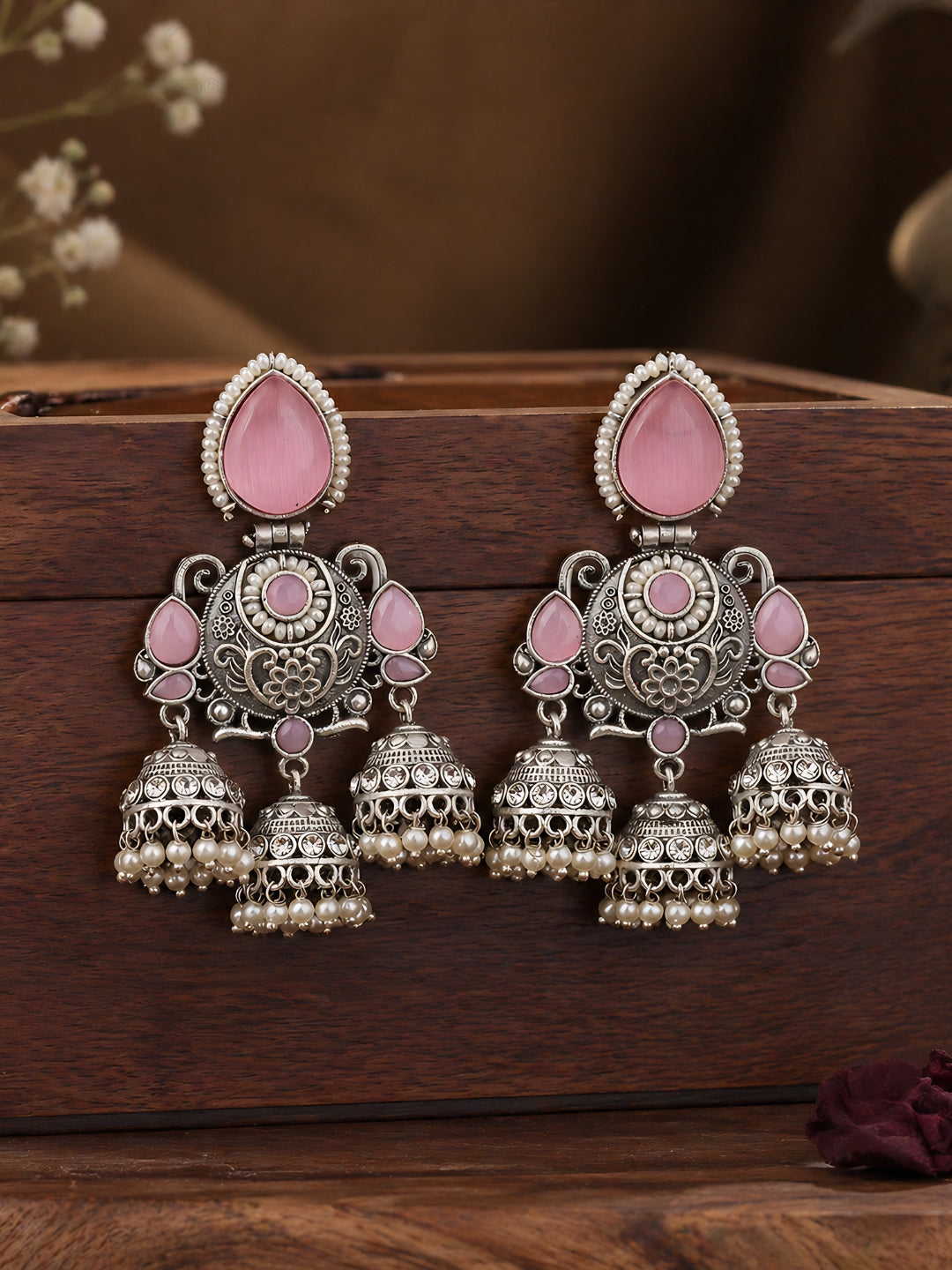 Silver-Finish Pink Stone Pearl Dangler Earrings