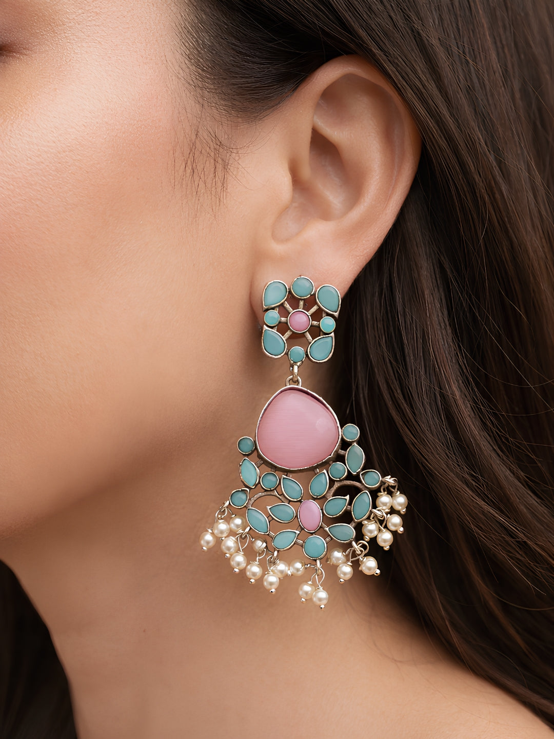 Silver Tone Pink Turquoise Floral Pearl Dangler Statement Earrings