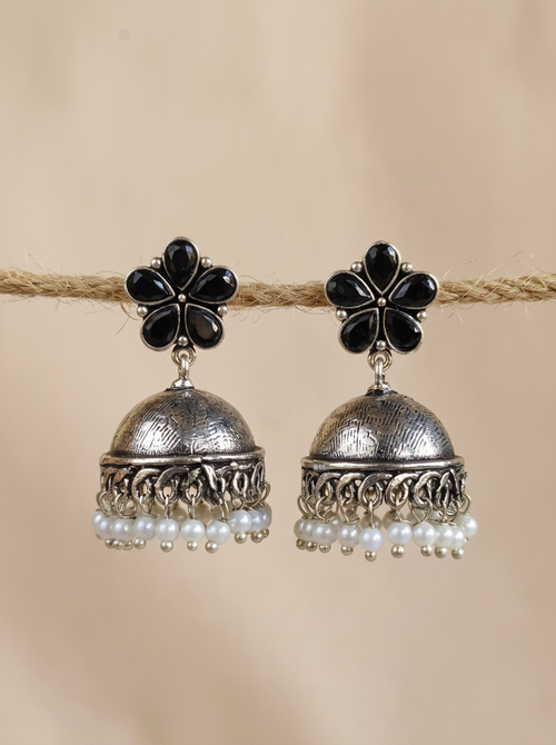 Black Floral Antique Look Jhumka Earrings
