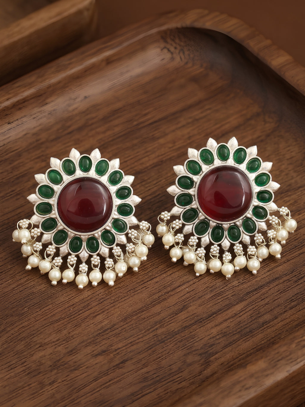 Red Green Floral Silver finish Stud Earrings