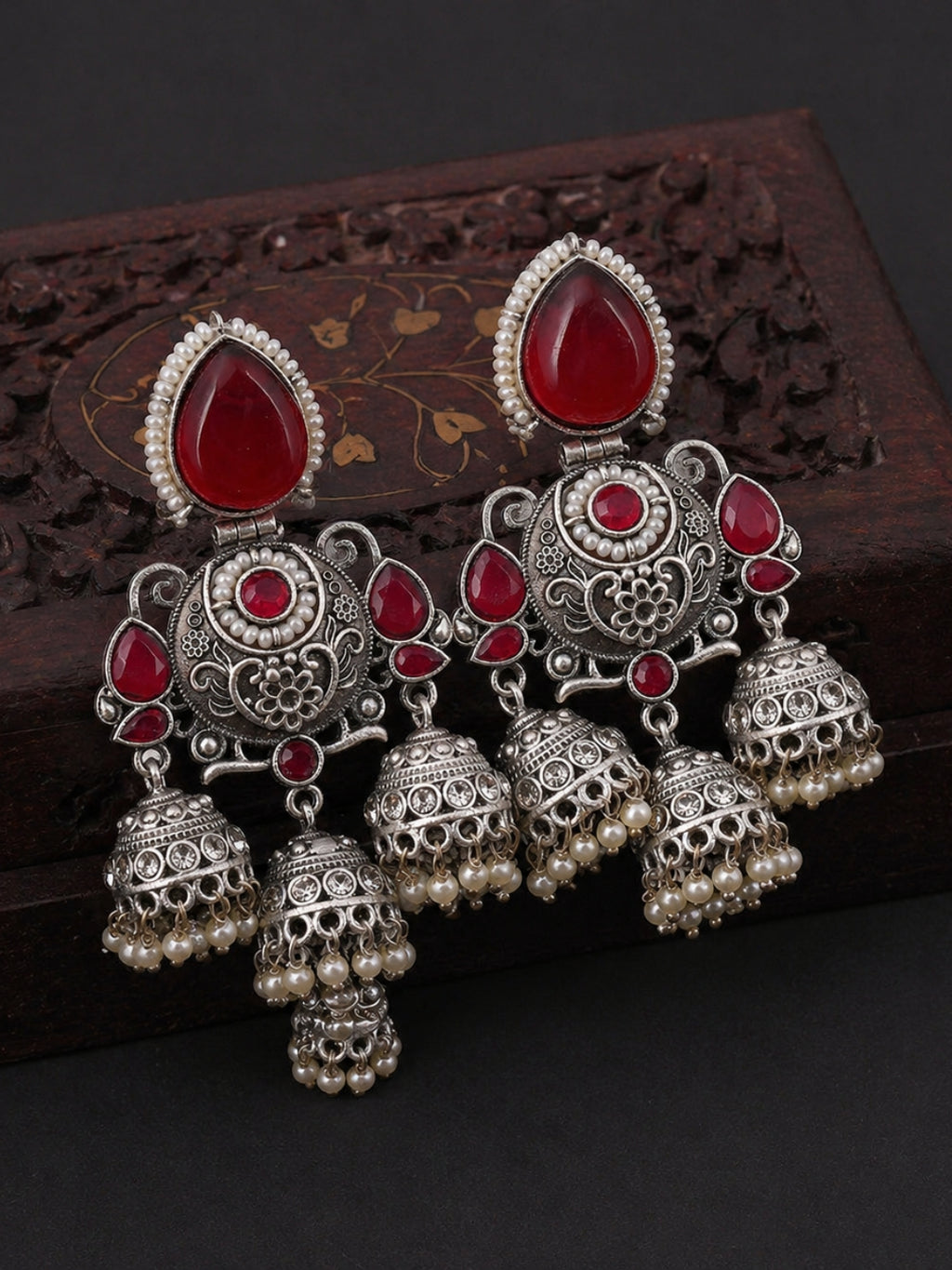 Silver Tone Red Stone Jhumka Dangler Earrings