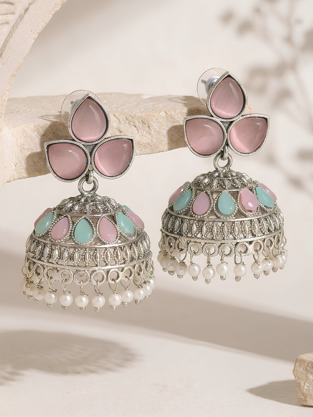 Silver Finish Pink & Green Ethnic Earrings Combo