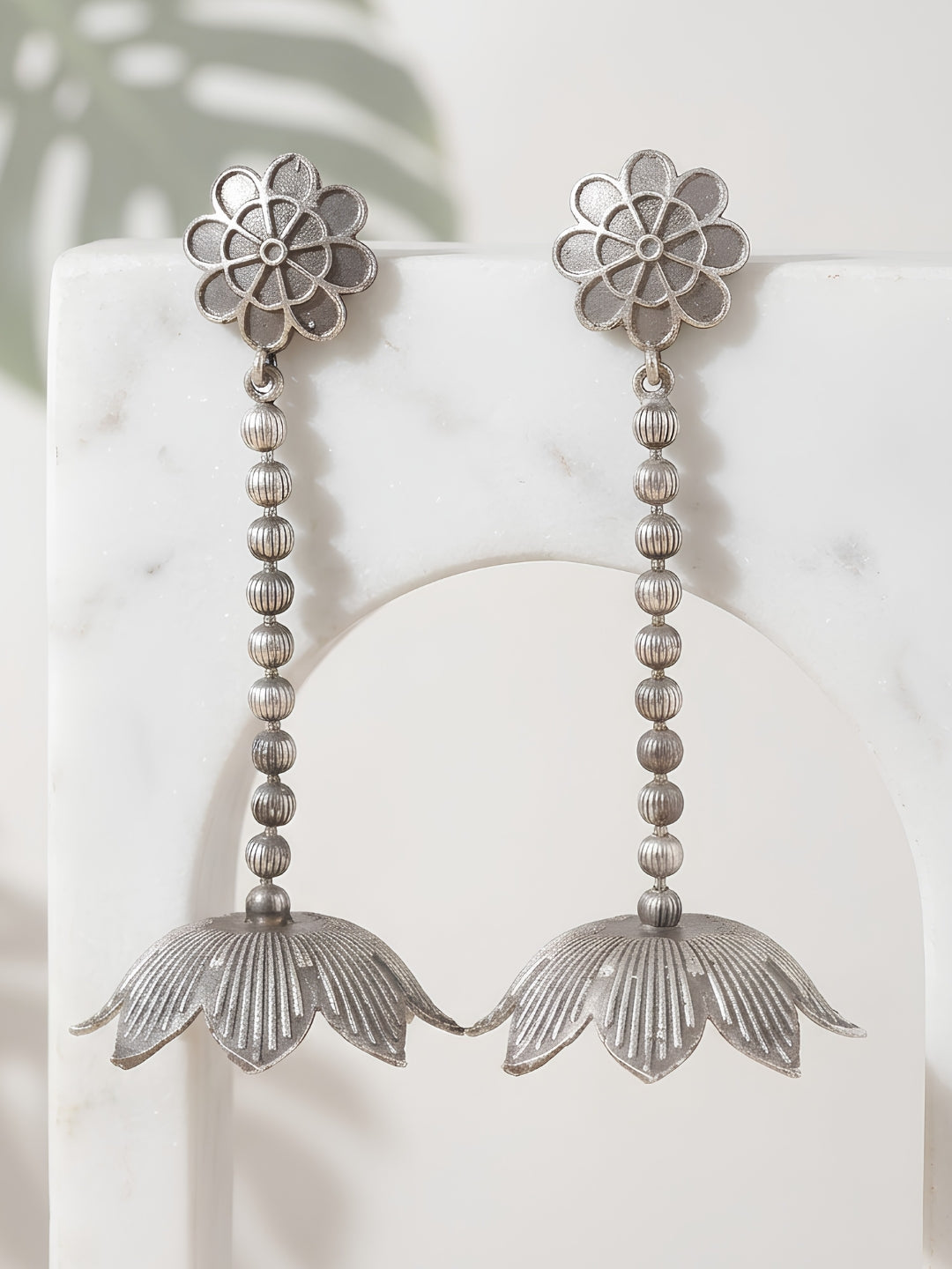 Floral Drop Jhumki Earrings — Silver Tone