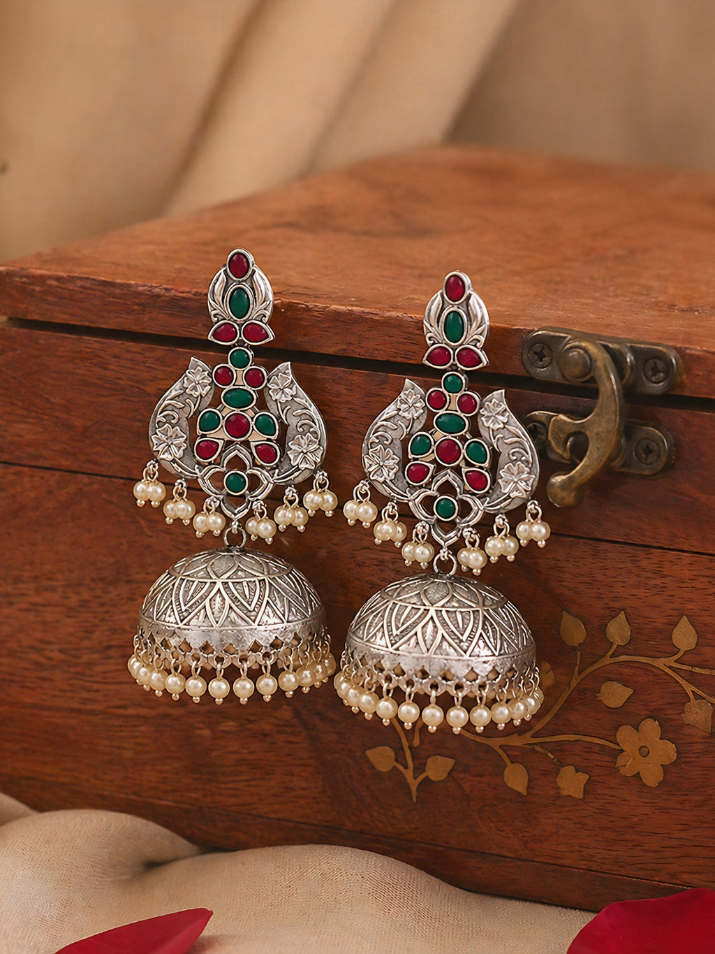 Silver Finish Red Green Peacock Jhumki Earrings