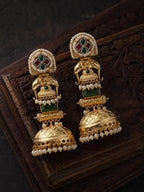 Green Stone Elephant Motif Gold Jhumka Earrings