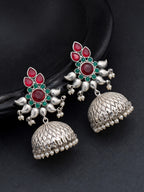 Red Green Floral Silver finish Jhumki Earrings