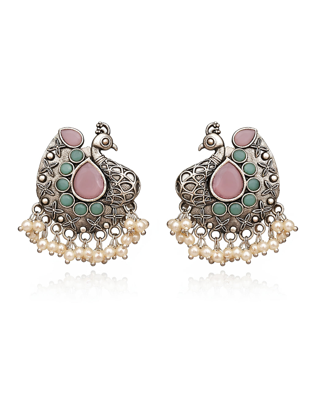 Pink Peacock Pearl Drop Silver finish Studs