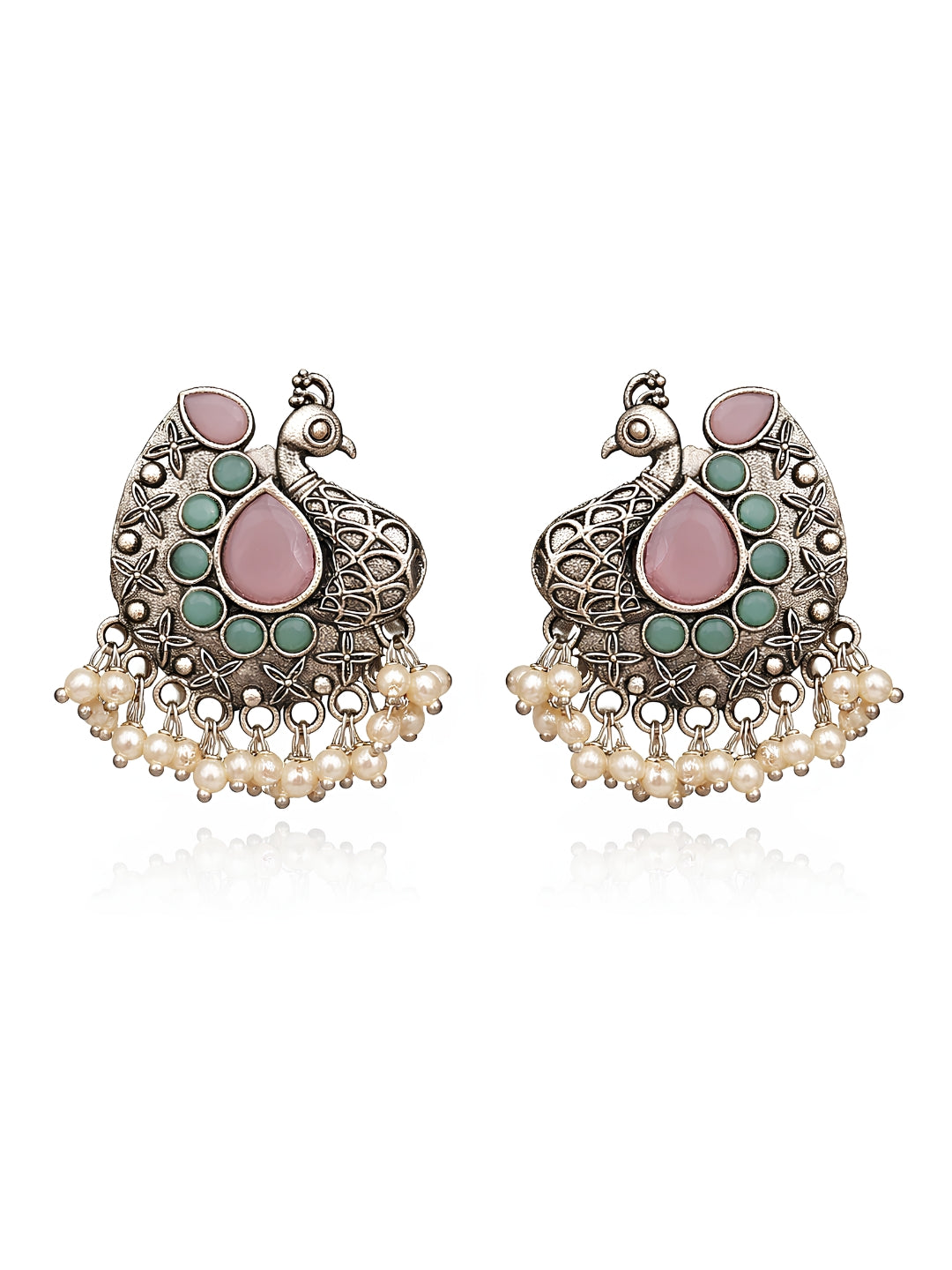Pink Peacock Pearl Drop Silver finish Studs