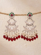 Lotus Pearl Drop Earrings — Red Beads & Silver Finish