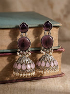 Purple & Pink Stone Jhumka Earrings — Silver Finish