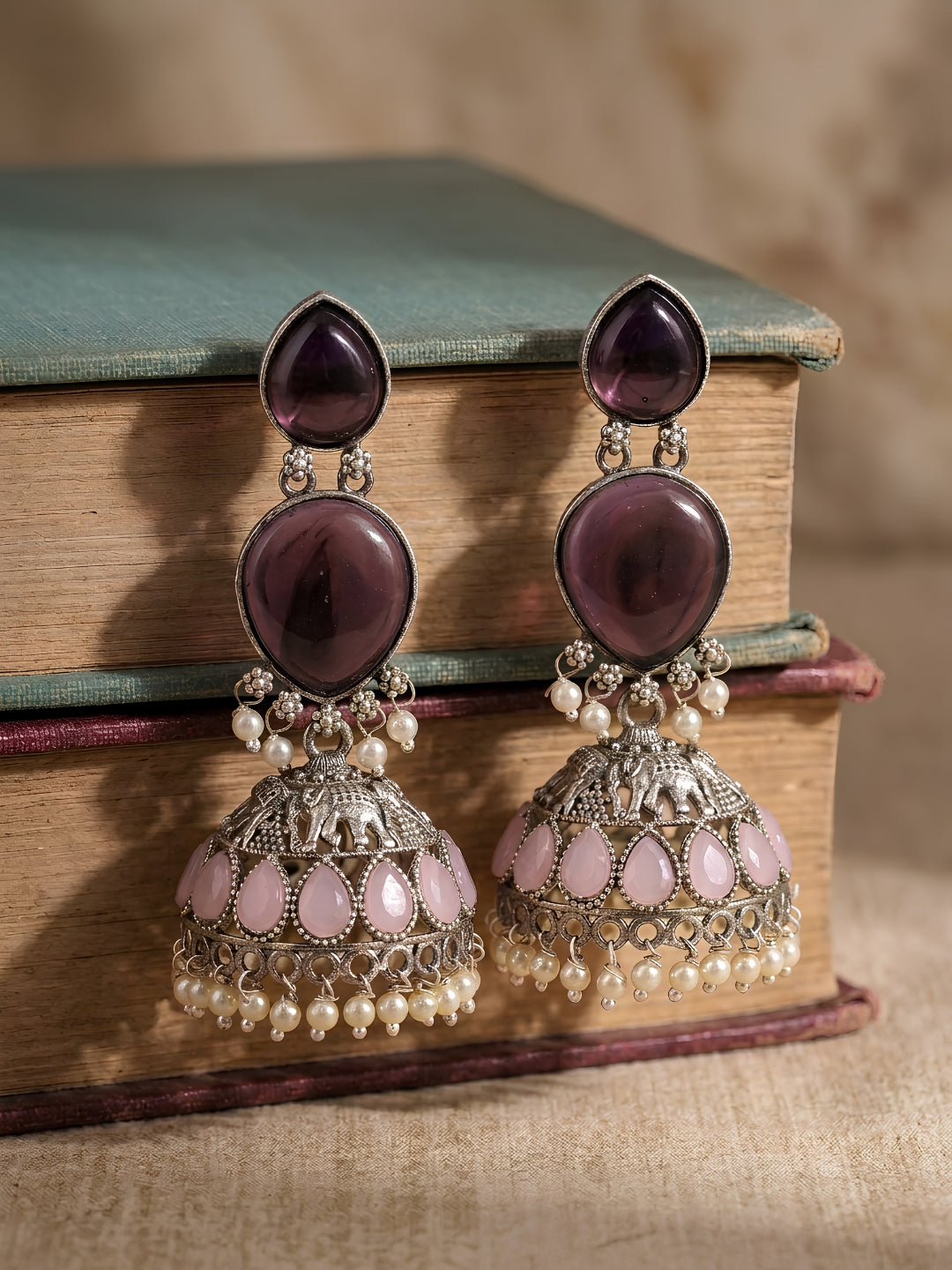 Purple & Pink Stone Jhumka Earrings — Silver Finish