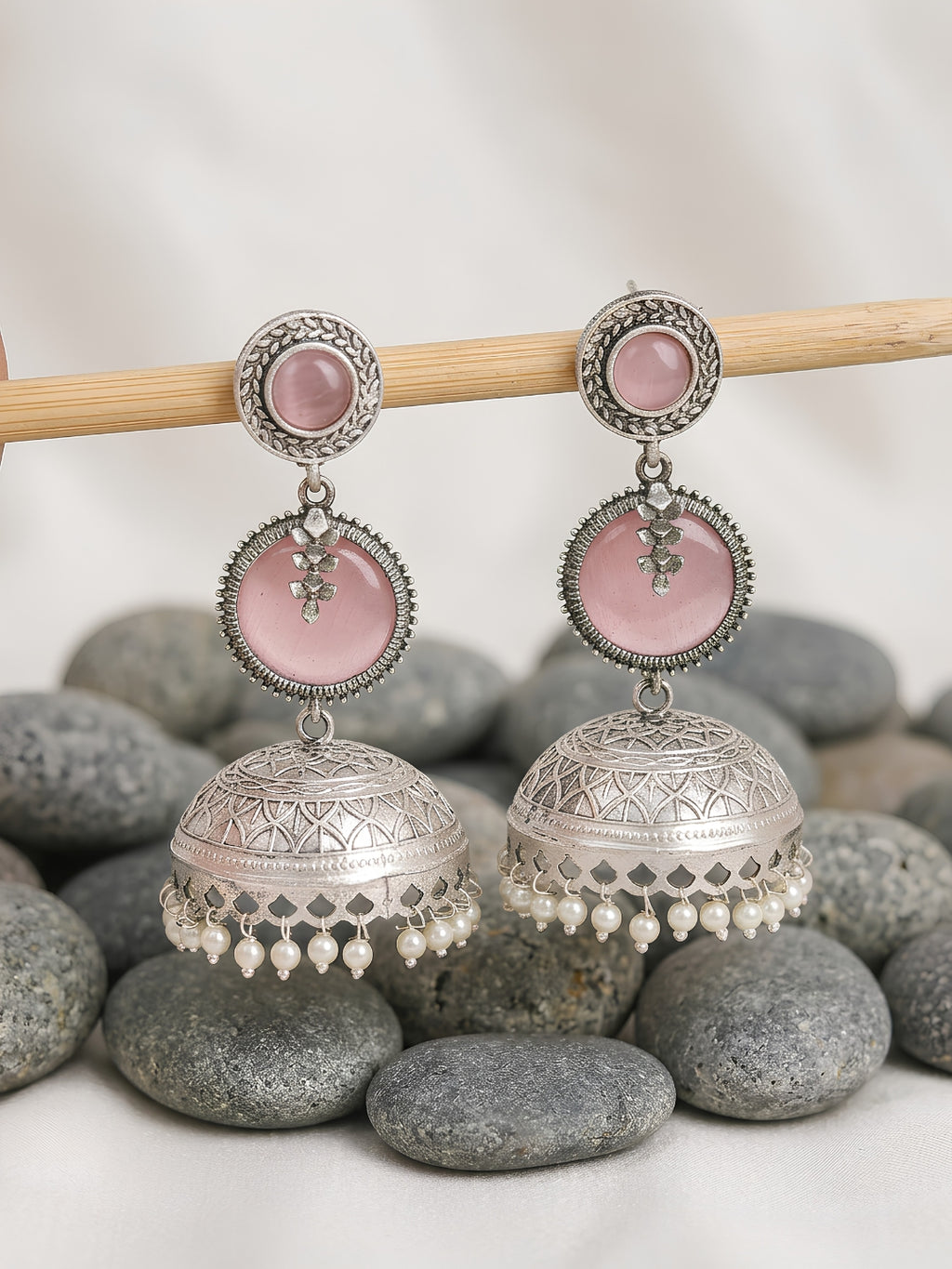 Pink Dome Pearl Drop Jhumka Earrings — Silver Finish
