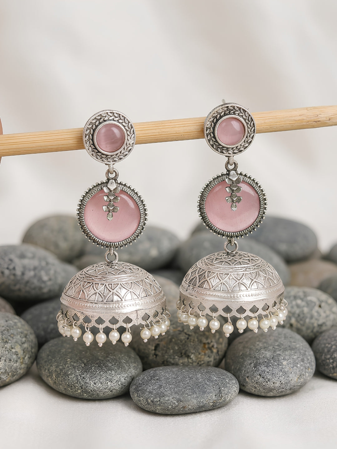 Pink Dome Pearl Drop Jhumka Earrings — Silver Finish