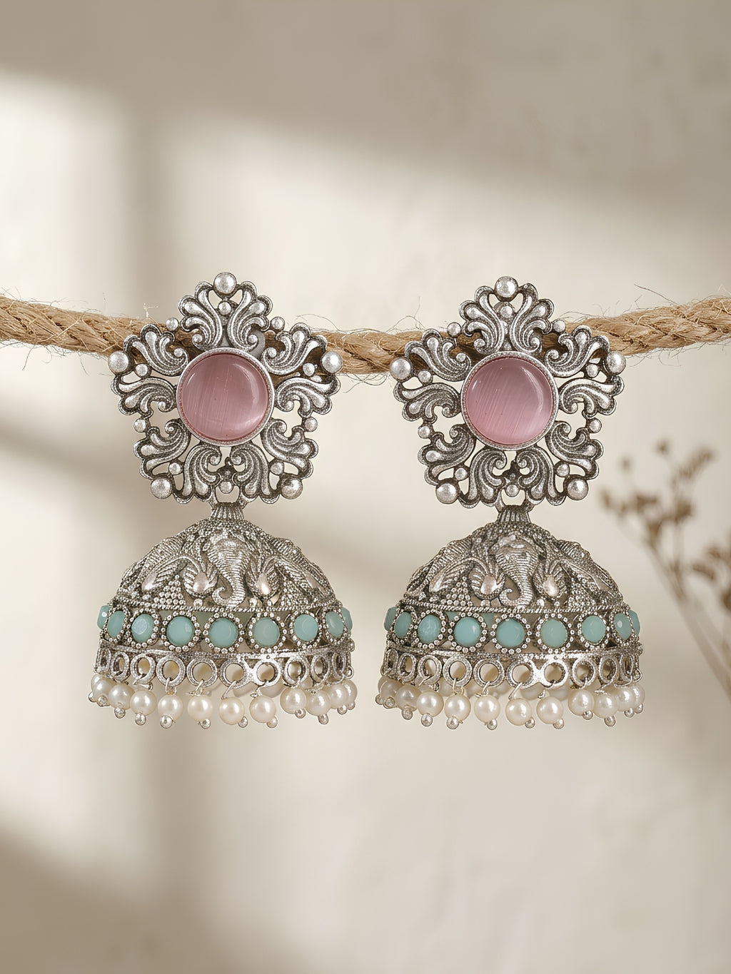 Pink Turquoise Silver-Plated Jhumki Earrings