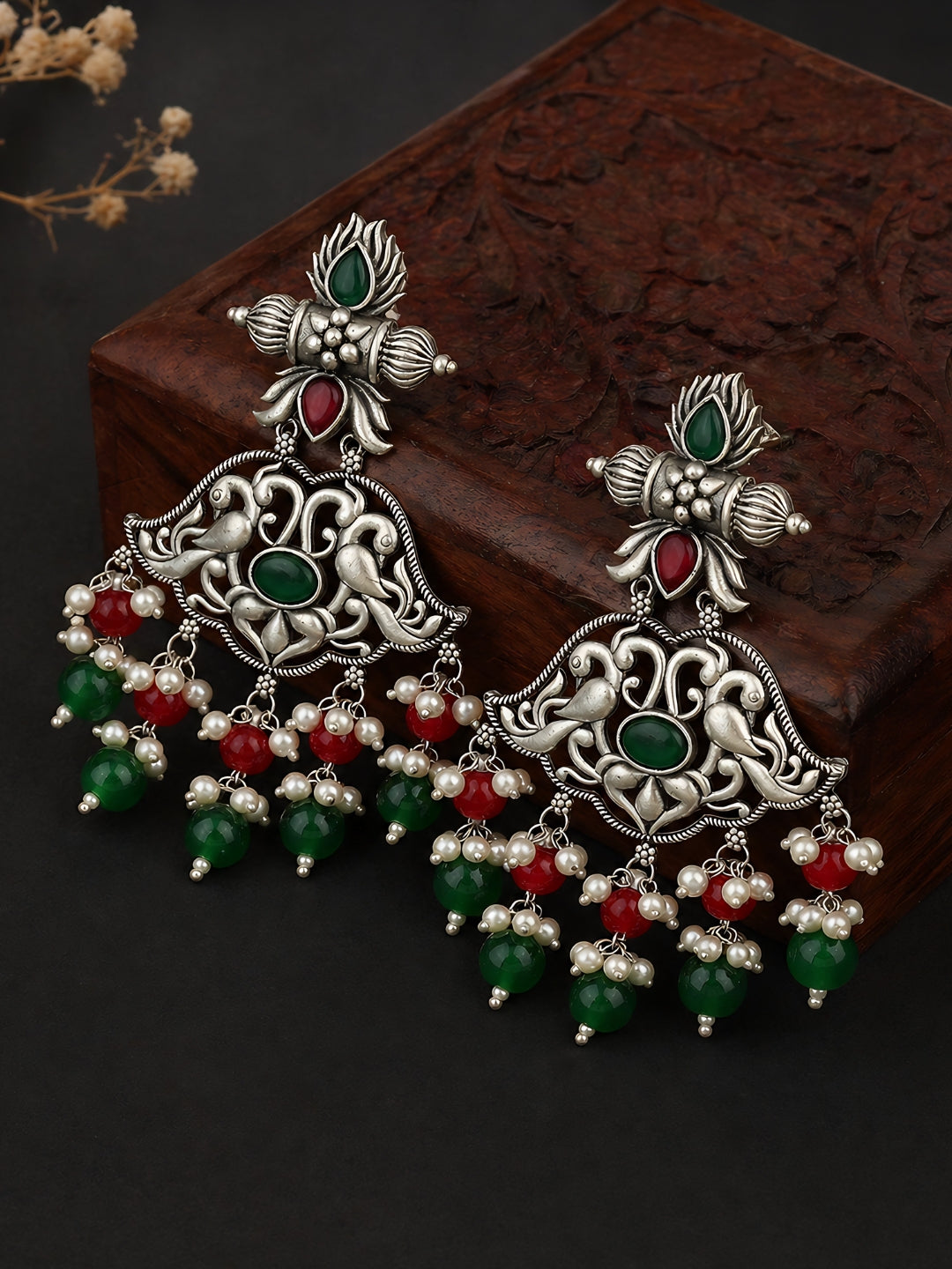 Silver Finish Mayurika Red Green Jhumki Earrings