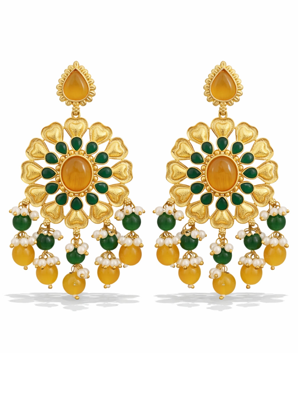 Gold Finish Green Yellow Floral Dangler Earrings