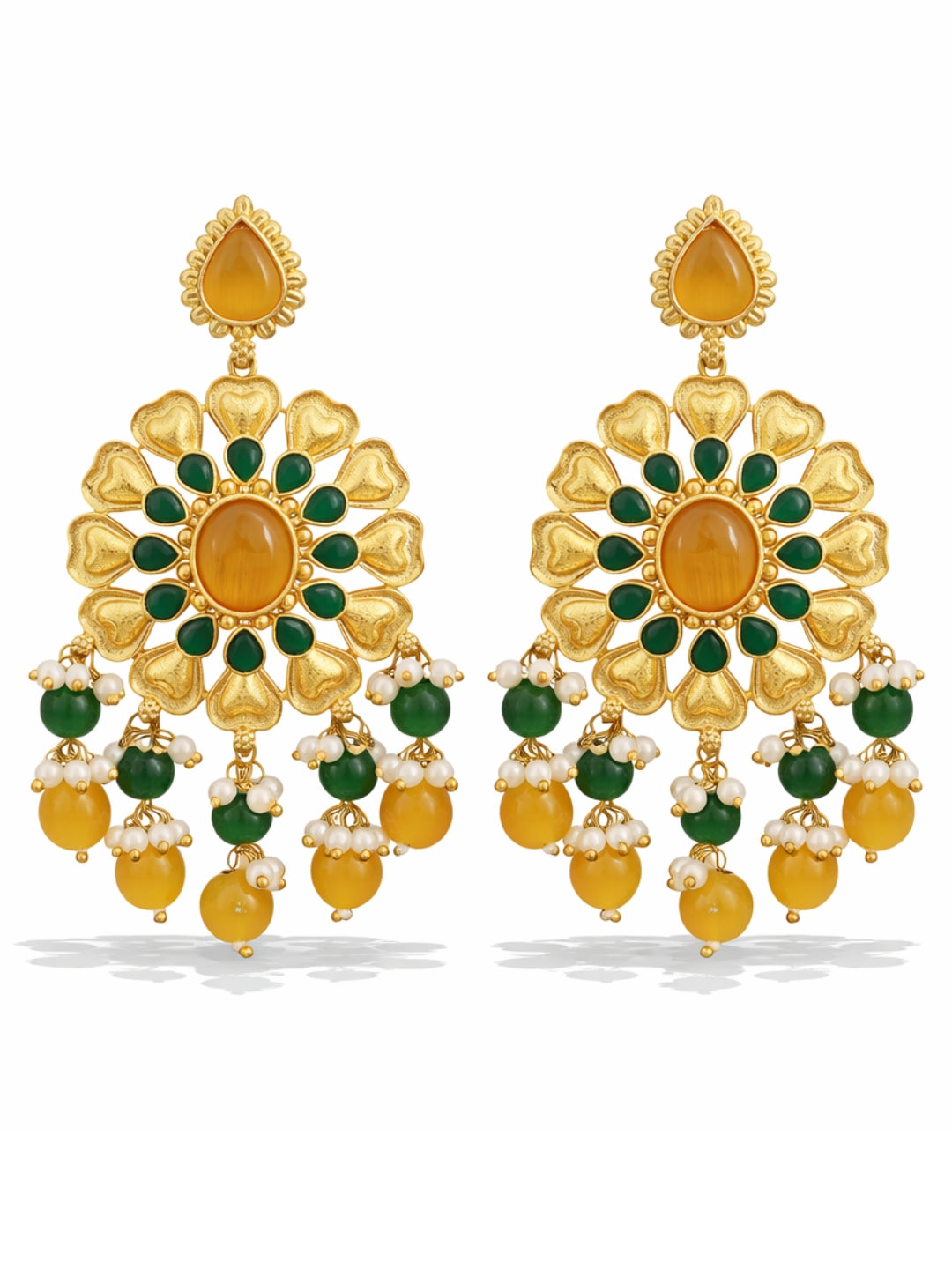 Gold Finish Green Yellow Floral Dangler Earrings