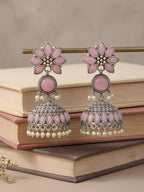 Pink Floral Jhumka Earrings — Silver Finish