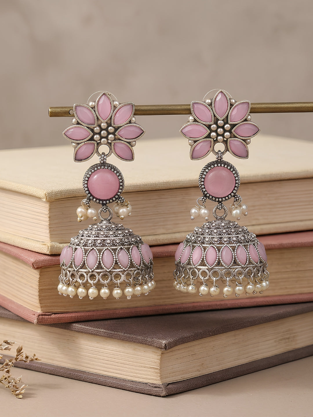 Pink Floral Jhumka Earrings — Silver Finish