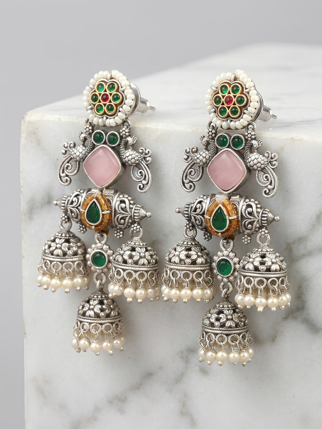 Floral Pink & Green Jhumki Earrings — Silver Tone