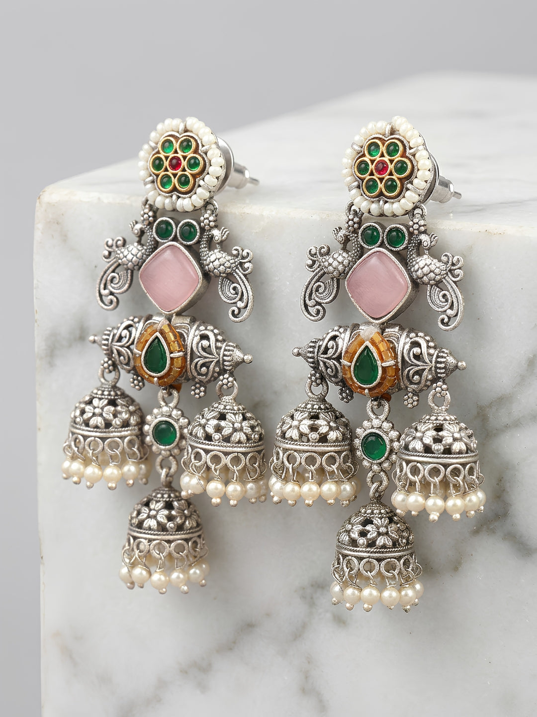 Floral Pink & Green Jhumki Earrings — Silver Tone