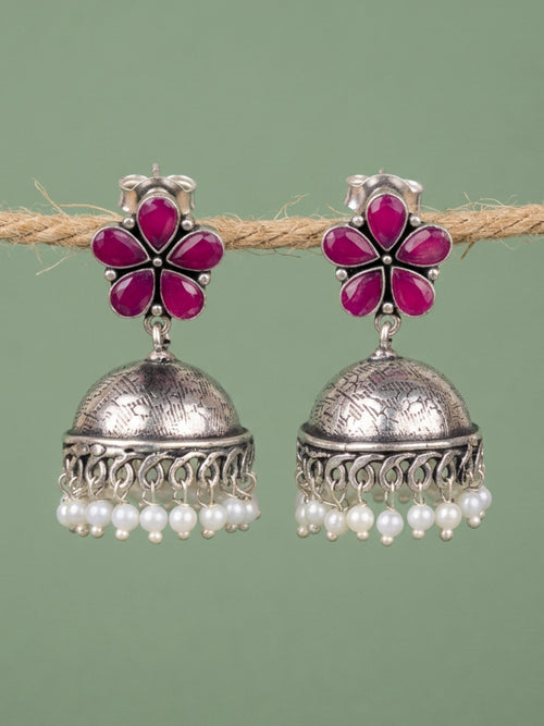 Oxidised Look Pink Floral Pearl Jhumka Earrings