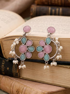 Floral Pearl Drop Dangler Earrings — Pink & Turquoise, Silver Finish