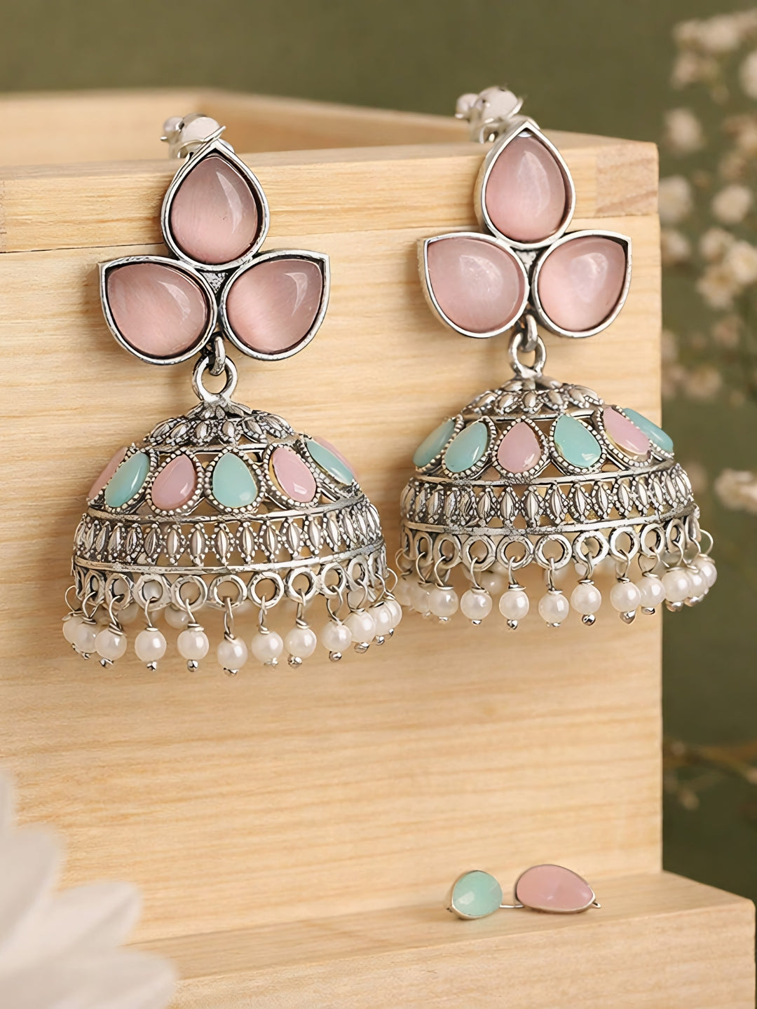Pink Turquoise Jhumka Silver Finish Earrings