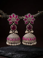 Ruby Floral Jhumki Earrings — Silver Finish