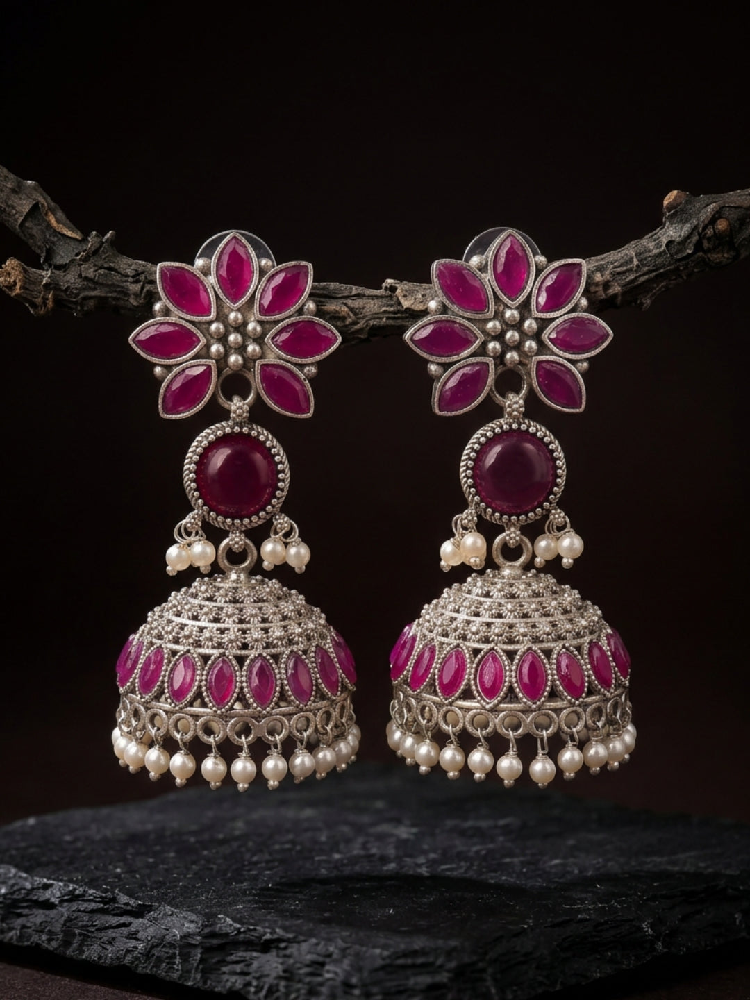 Ruby Floral Jhumki Earrings — Silver Finish